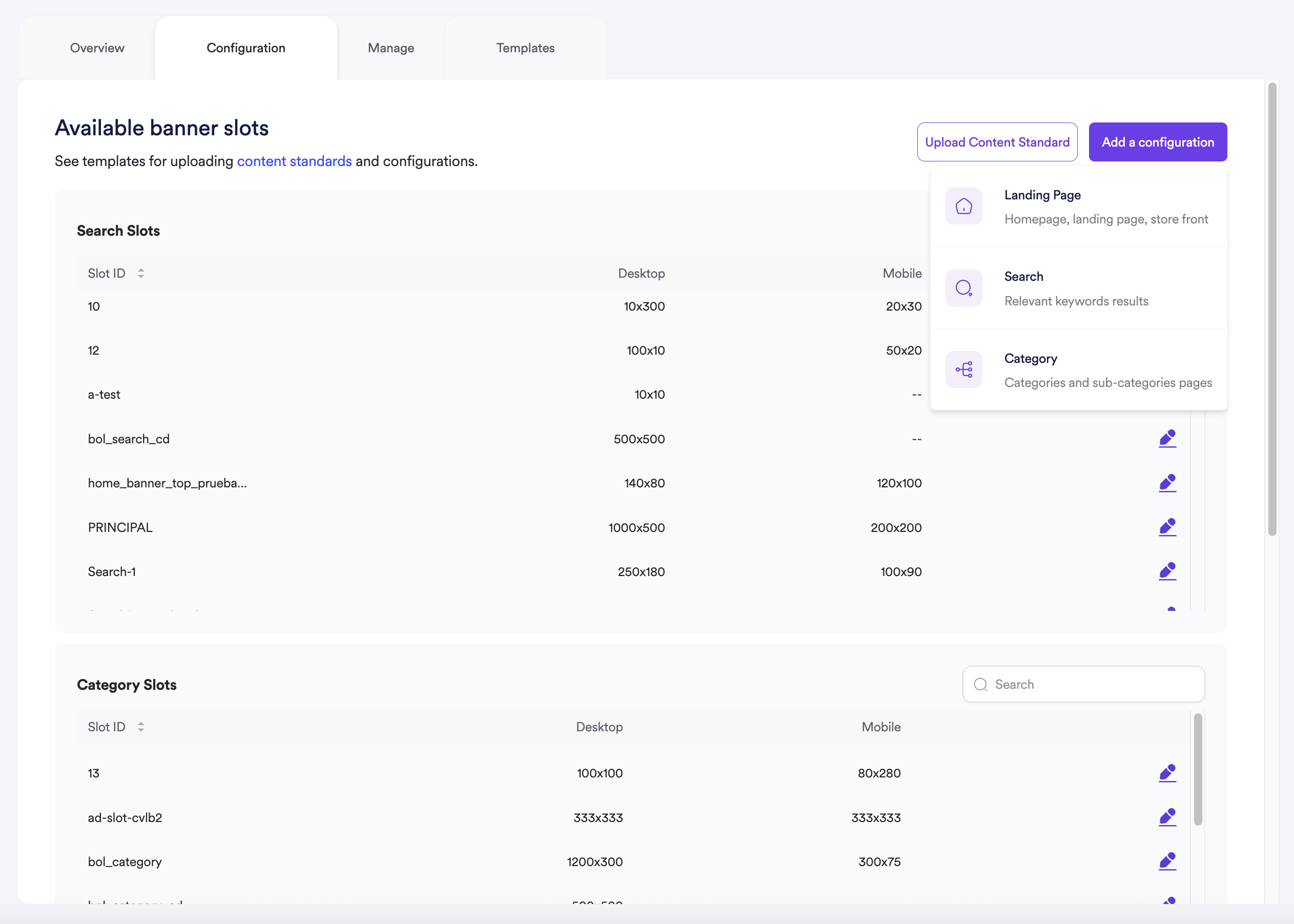 Adding new banner slot configuration for landing pages.