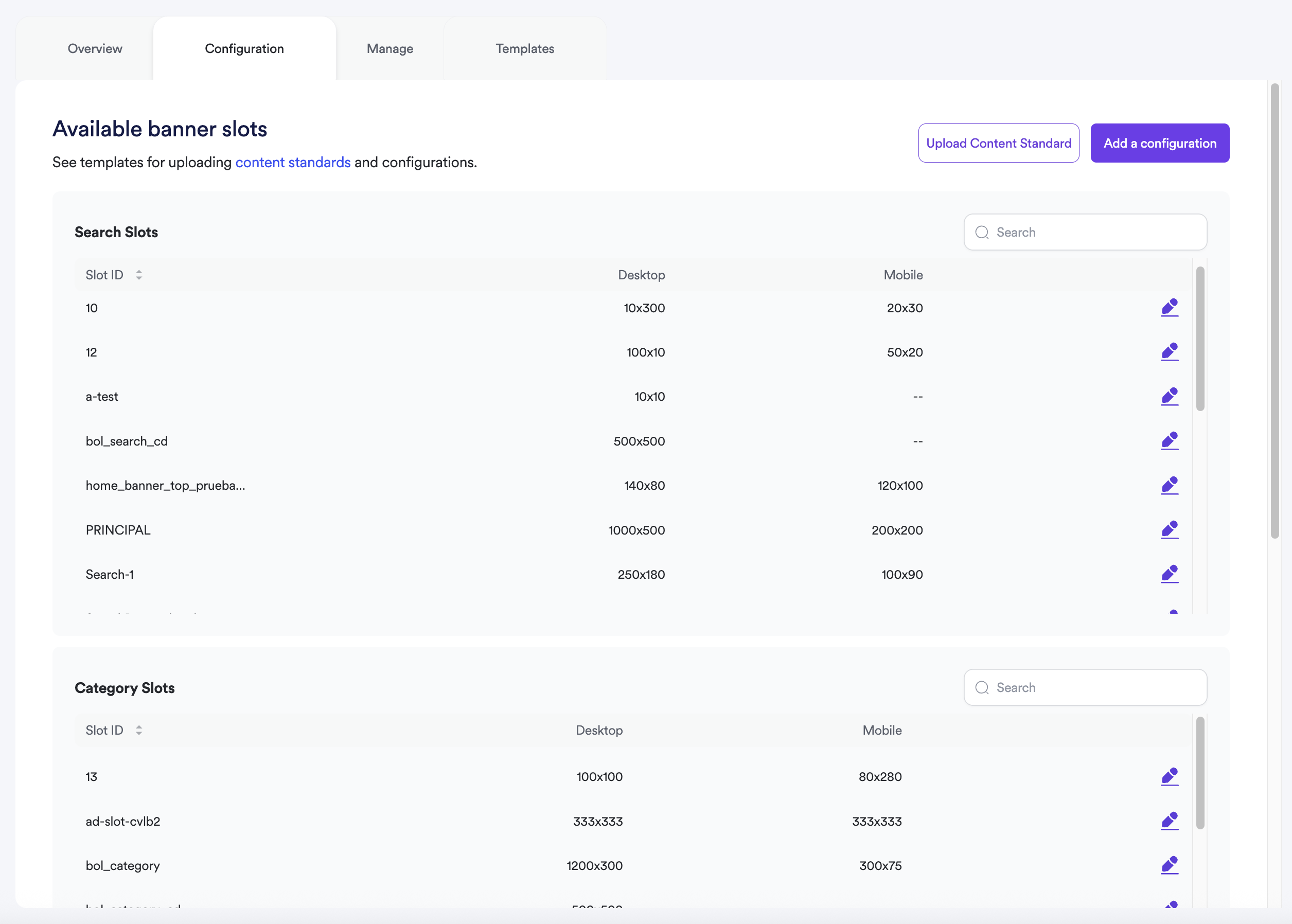 Configuration screen showing for banner slots.