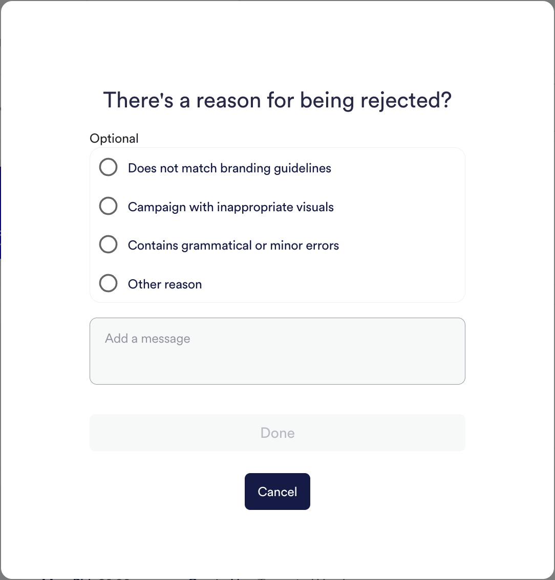 Screenshot of rejecting a campaign management.