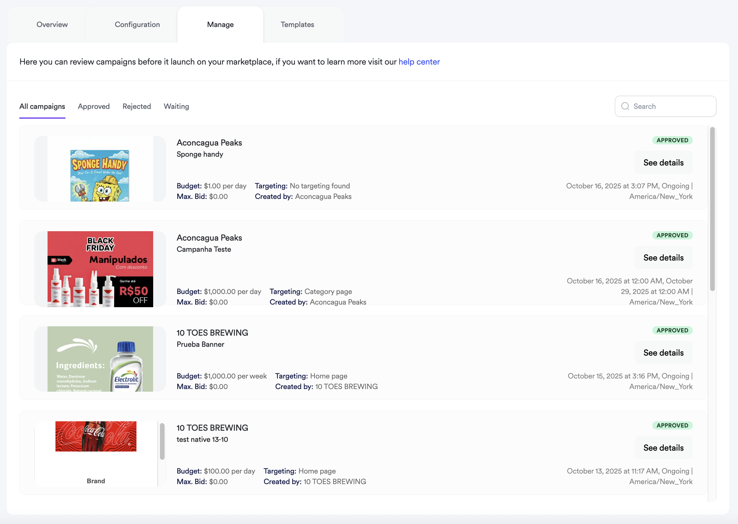 Screenshot of campaign management tab.