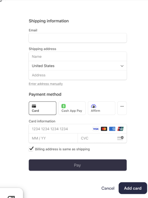 Screenshot of adding payment method.