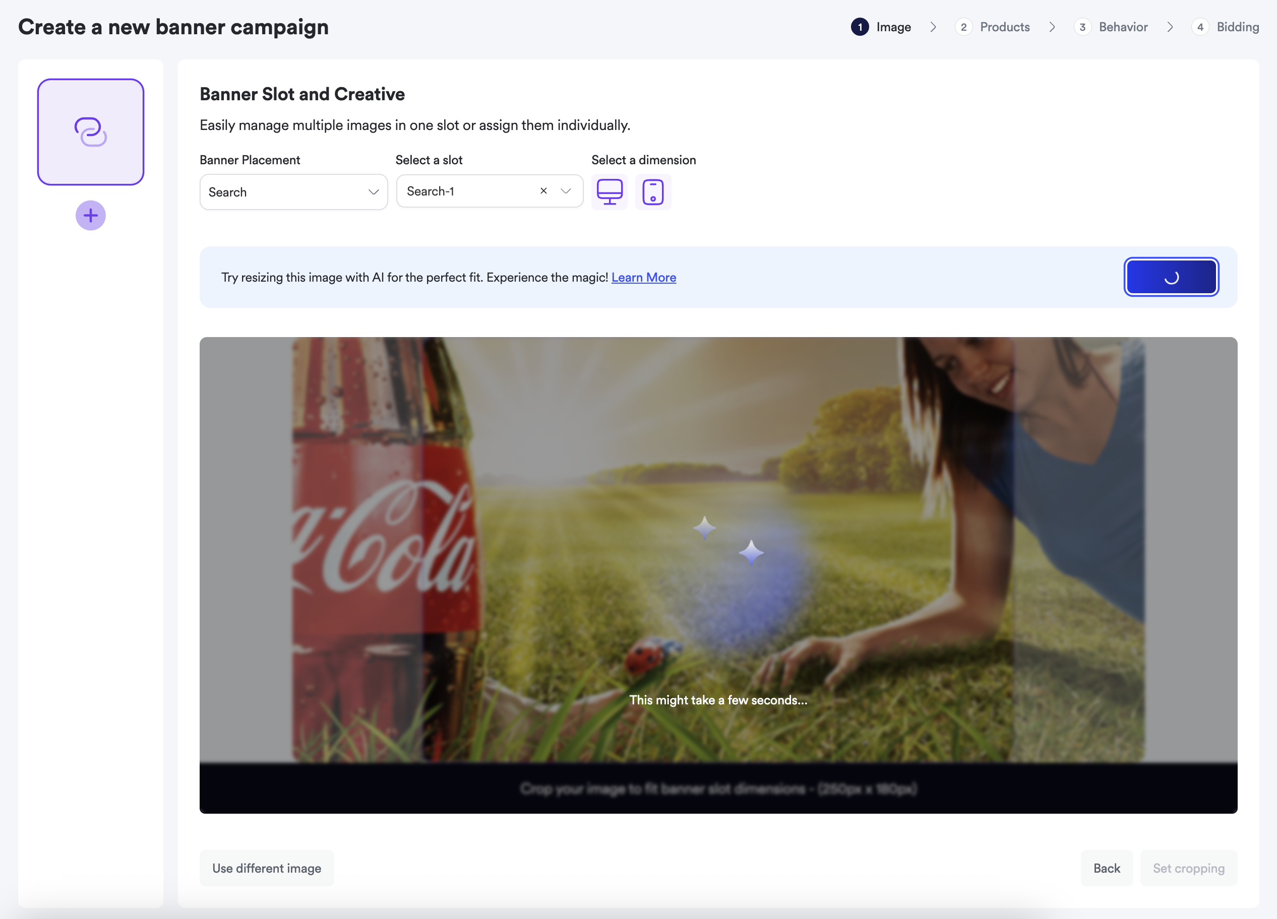 AI resizing interface showing the resized image with options