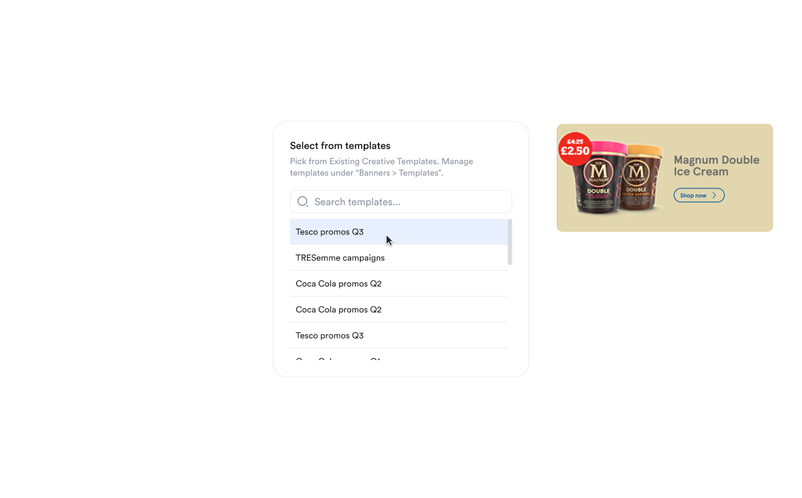 Screenshot of selecting existing template