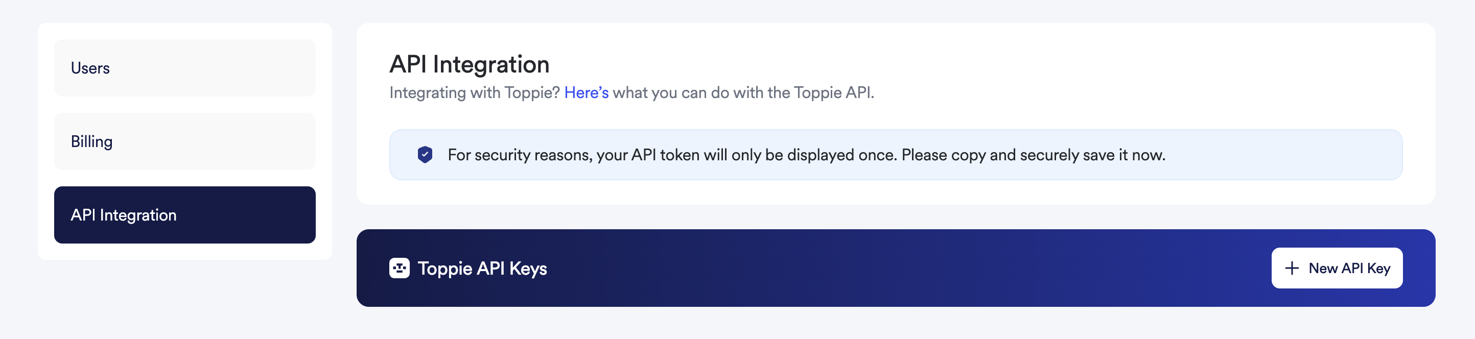 Toppie API Integration interface showing the New API Key button