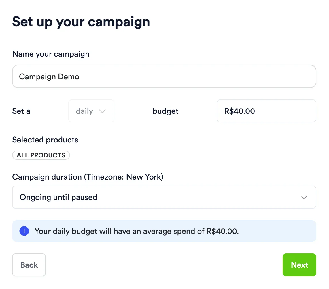 Screenshot of step 3 of offsite campaign creation.
