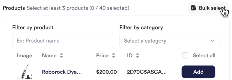 Bulk product upload interface showing CSV file upload and validation results