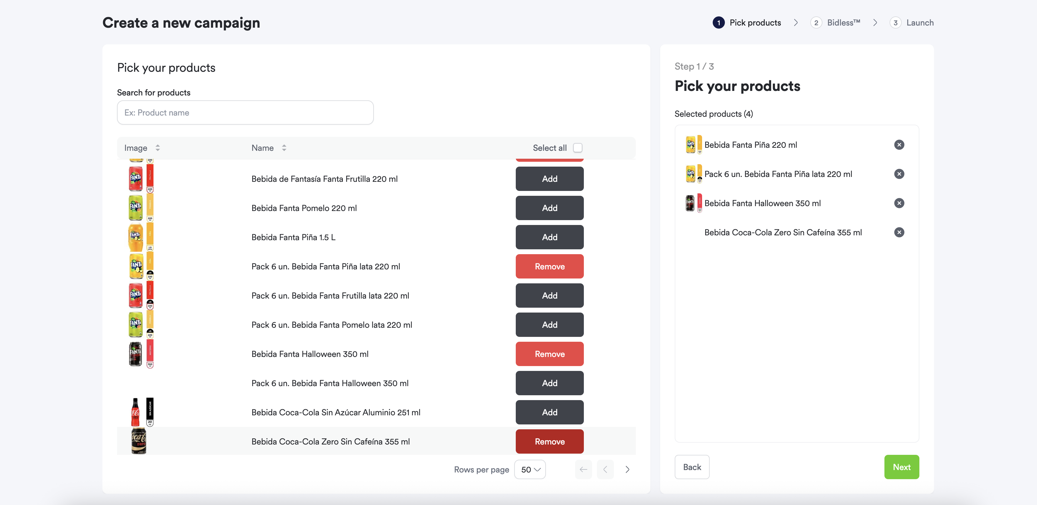 Step 1 of creating Sponsored Listings on Toppie: Selecting products