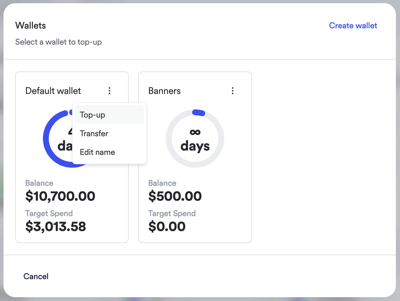Vendor wallet top up